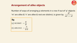 Eg
Arrangement of alike objects
Number of ways of arranging p elements in a row if out of ‘p’ objects
‘m’ are alike & ‘n’ are alike & rest are distinct, is given by
 