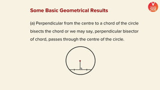 Some Basic Geometrical Results
(a) Perpendicular from the centre to a chord of the circle
bisects the chord or we may say, perpendicular bisector
of chord, passes through the centre of the circle.
 