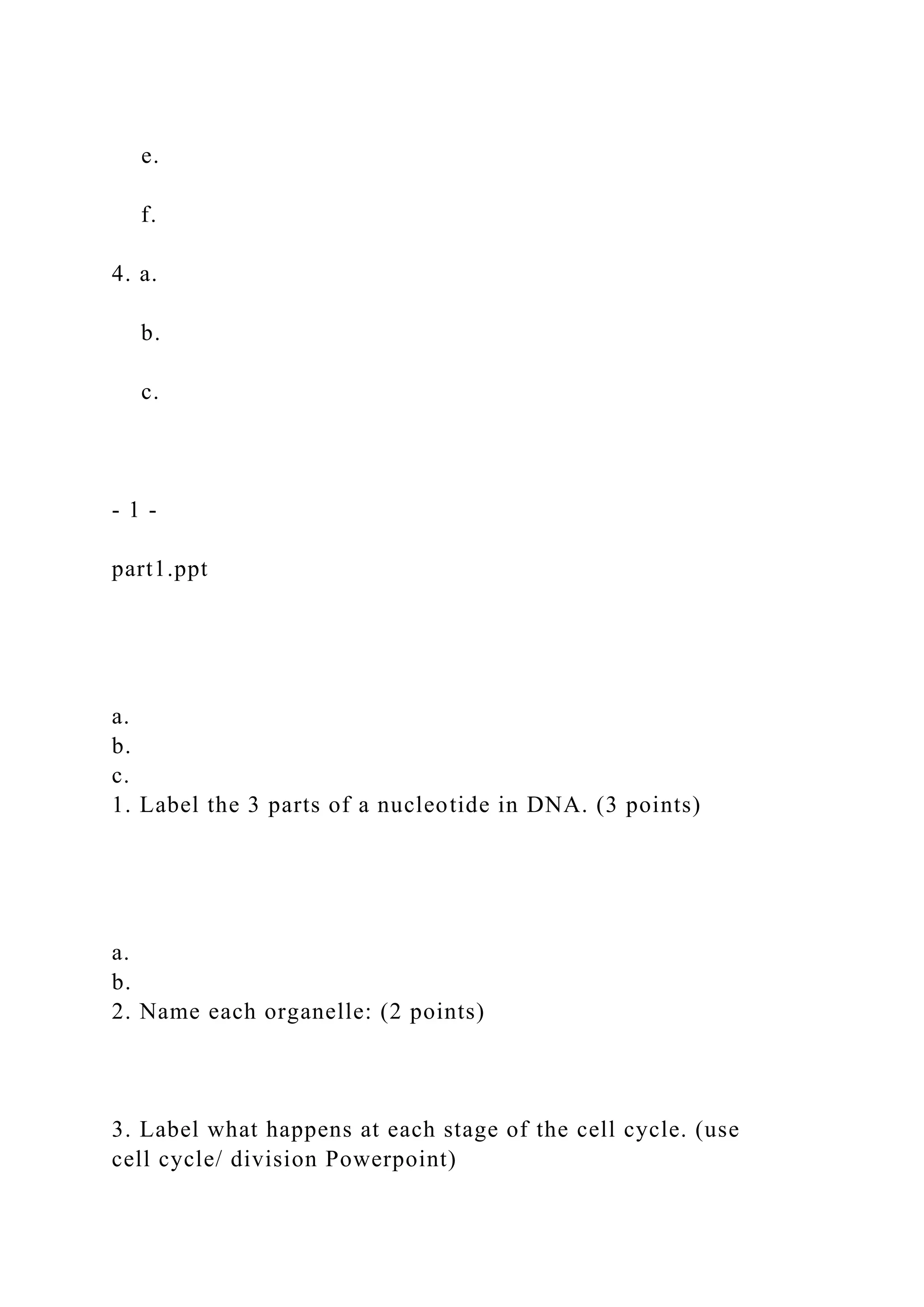 e.
f.
4. a.
b.
c.
- 1 -
part1.ppt
a.
b.
c.
1. Label the 3 parts of a nucleotide in DNA. (3 points)
a.
b.
2. Name each organelle: (2 points)
3. Label what happens at each stage of the cell cycle. (use
cell cycle/ division Powerpoint)
 