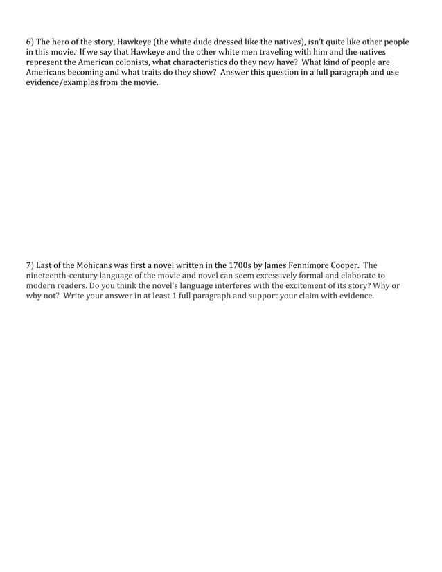 Last of the Mohicans video worksheet | DOCX
