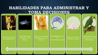 HABILIDADES PARA ADMINISTRAR Y
TOMA DECISIONES
Alta tolerancia a
la ambigüedad
Capacidad para
escuchar a los
demás
Generar consenso
alrededor de una
decisión
Flexibilidad para
la
retroalimentación
Manejo de datos
blandos y duros
Realismo acerca
de los costos y las
dificultades
 