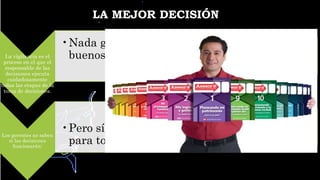 LA MEJOR DECISIÓN
La vigilancia es el
proceso en el que el
responsable de las
decisiones ejecuta
cuidadosamente
todas las etapas de la
toma de decisiones.
•Nada garantiza que los resultados sean
buenos.
Los gerentes no saben
si las decisiones
funcionarán:
•Pero sí sabrán que hicieron su mayor esfuerzo
para tomar la mejor decisión posible.
 