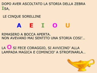 DOPO AVER ASCOLTATO LA STORIA DELLA ZEBRA  I SA,      LE CINQUE SORELLINE    A      E      I      O      U        RIMASERO A BOCCA APERTA. NON AVEVANO MAI SENTITO UNA STORIA COSI’…   LA  O   SI FECE   CORAGGIO, SI AVVICINO’ ALLA LAMPADA MAGICA E COMINCIO’ A STROFINARLA…   