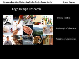 Research	Branding	Motion	Graphic	for	Nudge	Design	Studio	 Arturo	Chacon
Logo	Design	Research	
dCréatif/	creative
f
Erschwinglich/	affordable
Responsabile/responsible
 