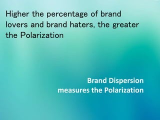 Higher the percentage of brand
lovers and brand haters, the greater
the Polarization
Brand Dispersion
measures the Polarization
 