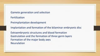 Gamete generation and selection
Fertilization
Preimplantation development
Implantation and formation of the bilaminar embryonic disc
Extraembryonic structures and blood formation
Gastrulation and the formation of three germ layers
Formation of the major body axes
Neurulation
 
