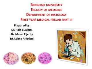 BENGHAZI UNIVERSITY
                    FACULTY OF MEDICINE
                 DEPARTMENT OF HISTOLOGY
            FIRST YEAR MEDICAL PRELAB PART III
        Prepared by:
     Dr. Hala El.Alam.
    Dr. Manal Eljerby.
    Dr. Lobna Alferjani.




1
 