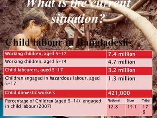 Working children, aged 5-17 7.4 million
Working children, aged 5-14 4.7 million
Child labourers, aged 5-17 3.2 million
Children engaged in hazardous labour, aged
5-17
1.3 million
Child domestic workers 421,000
Percentage of Children (aged 5-14) engaged
in child labour (2007)
National Slum Tribal
12.8 19.1 17.
6
What is the current
situation?
 