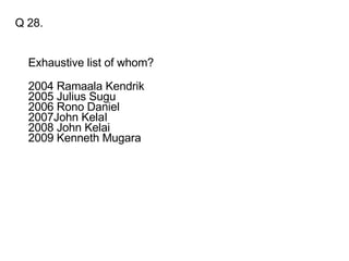 Q 28. Exhaustive list of whom? 2004 Ramaala Kendrik 2005 Julius Sugu 2006 Rono Daniel 2007John KelaI 2008 John Kelai 2009 Kenneth Mugara  