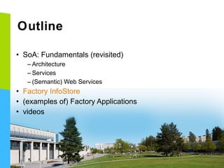 Outline
• SoA: Fundamentals (revisited)
– Architecture
– Services
– (Semantic) Web Services

• Factory InfoStore
• (examples of) Factory Applications
• videos

 