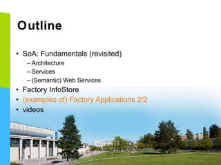 Outline
• SoA: Fundamentals (revisited)
– Architecture
– Services
– (Semantic) Web Services

• Factory InfoStore
• (examples of) Factory Applications 2/2
• videos

 