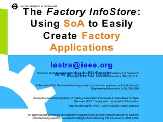 The Factory InfoStore :
Using SoA to Easily
Create Factory
Applications
lastra@ ieee.org
www.tut.fi/fast

Semantic Web Services in Factory Automation: Fundamental Insights and Research
Roadmap. IEEE Trans. Industrial Informatics (TII) 2(1):1-11
A Semantic Web Services-based approach for production systems control. Advanced
Engineering Informatics 24(3): 285-299
Semantics-based Composition of Factory Automation Processes Encapsulated by Web
Services. IEEE Transactions on Industrial Informatics
http://dx.doi.org/10.1109/TII.2012.2220554 (open access)
An agent-based system for orchestration support of web service-enabled devices in discrete
manufacturing systems. Journal of Intelligent Manufacturing Vol.23, Issue: 6, 2681-2702

 