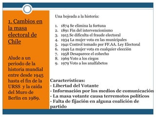 Características: 
- Libertad del Votante 
- Información por los medios de comunicación 
- La masa votante causa terremotos políticos 
- Falta de fijación en alguna coalición de 
partido 
1. Cambios en 
la masa 
electoral de 
Chile 
Alude a un 
periodo de la 
historia mundial 
entre desde 1945 
hasta el fin de la 
URSS y la caída 
del Muro de 
Berlín en 1989. 
Una hojeada a la historia: 
1. 1874 Se elimina la fortuna 
2. 1891 Fin del intervencionismo 
3. 1915 Se dificulta el fraude electoral 
4. 1934 La mujer vota en las municipales 
5. 1941 Control tomado por FF.AA. Ley Electoral 
6. 1949 La mujer vota en cualquier elección 
7. 1958 Desaparece el cohecho 
8. 1969 Voto a los ciegos 
9. 1979 Voto a los analfabetos 
 