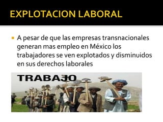    A pesar de que las empresas transnacionales
    generan mas empleo en México los
    trabajadores se ven explotados y disminuidos
    en sus derechos laborales
 