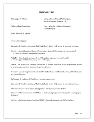 Page	
  |	
  27	
  	
  
	
  
BIBLIOGRAPHIE
Stratégique 9e
édition Gerry Johnson,Richard Whittington,
Kevan Scholes et Fréderic Fréry.
Safari en Pays Strategique Henry Mintzberg, Bruce Ahlstrand et
Joseph Lampel
Notes du cours ADM756
www.wikipedia.com
La mission de Facebook (Lettre de Mark Zuckerberg), février 2012, le jour de son entrée en bourse.
http://www.journaldunet.com/ebusiness/le-net/locaux-facebook/distributeurs-de-boissons.shtml
"Les valeurs de Facebook sont partout l’entreprise"
Articles : "Les objectifs de Facebook en 2013 : audience, contenu et mesure", publiée
le 10/04/2013 par Emilie Kovacs, http://www.e-marketing.fr/
LeWeb : La stratégie de Facebook aujourd’hui et demain selon l’un de ses responsables, publiés
le 12/12/2013, dans Facebook Opérations. http://www.kriisiis.fr
7 Réseaux sociaux qui grandissent dans l’ombre de Facebook, par Melissa Bounoua, 19/02/2012 dans
www.nouvelobs.com
La Stratégie de marketing de Facebook www.tastymarcom.com
La mission de Facebook (Lettre de Mark Zuckerberg), février 2012, le jour de son entrée en bourse.
http://www.mediassociaux.fr/2013/10/23/pinterest-dernieres-nouveautes-chiffres
http://www.01net.com/editorial/608584/loin-de-facebook-et-google-comment-snapchat-compte-gagner-
de-largent/
http://www.linformaticien.com/actualites/id/31873/facebook-augmente-son-chiffre-d-affaires
 