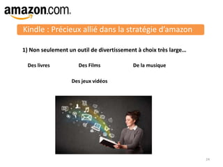 Kindle : Précieux allié dans la stratégie d’amazon
24
1) Non seulement un outil de divertissement à choix très large…
Des livres Des Films De la musique
Des jeux vidéos
 