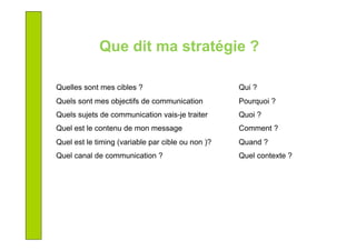 Quelles sont mes cibles ? Qui ?
Quels sont mes objectifs de communication Pourquoi ?
Quels sujets de communication vais-je traiter Quoi ?
Quel est le contenu de mon message Comment ?
Quel est le timing (variable par cible ou non )? Quand ?
Quel canal de communication ? Quel contexte ?
Que dit ma stratégie ?
 