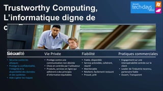 Trustworthy Computing,
L’informatique digne de
confiance


• Sécurise contre les           • Protège contre une                    • Fiable, disponible               • Engagement sur une
  attaques                        communication non désirée             • Service prévisible, cohérent,      interopérabilité centrée sur le
• Protège la confidentialité,   • Choix et contrôle par l’utilisateur     réactif                            client
  l’intégrité et la             • Produits, services en ligne qui       • Maintenable                      • Leader de l’industrie reconnu,
  disponibilité des données       adhèrent à des principes              • Résilient, facilement restauré     partenaire fiable
  et des systèmes                 d’information équitables              • Prouvé, prêt                     • Ouvert, Transparent
• Aide à gérer les risques
 