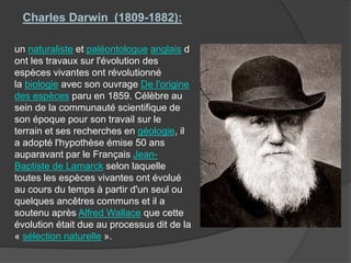un naturaliste et paléontologue anglais d
ont les travaux sur l'évolution des
espèces vivantes ont révolutionné
la biologie avec son ouvrage De l'origine
des espèces paru en 1859. Célèbre au
sein de la communauté scientifique de
son époque pour son travail sur le
terrain et ses recherches en géologie, il
a adopté l'hypothèse émise 50 ans
auparavant par le Français Jean-
Baptiste de Lamarck selon laquelle
toutes les espèces vivantes ont évolué
au cours du temps à partir d'un seul ou
quelques ancêtres communs et il a
soutenu après Alfred Wallace que cette
évolution était due au processus dit de la
« sélection naturelle ».
Charles Darwin (1809-1882):
 