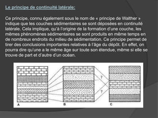 Ce principe, connu également sous le nom de « principe de Walther »
indique que les couches sédimentaires se sont déposées en continuité
latérale. Cela implique, qu’à l’origine de la formation d’une couche, les
mêmes phénomènes sédimentaires se sont produits en même temps en
de nombreux endroits du milieu de sédimentation. Ce principe permet de
tirer des conclusions importantes relatives à l’âge du dépôt. En effet, on
pourra dire qu’une a le même âge sur toute son étendue, même si elle se
trouve de part et d’autre d’un océan.
Le principe de continuité latérale:
 