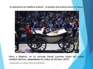 Disponible en https://bit.ly/2COKrFQ
Si aplicamos la metáfora anterior , la pareja real avanza hacia su futuro
Harry y Meghan, en un carruaje Ascott Laundau tirado por cuatro
caballos blancos, recorrieron las calles de Windsor (AFP).
 