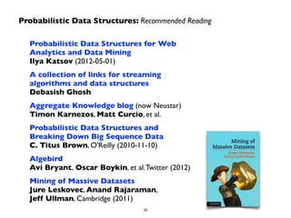 Probabilistic Data Structures: Recommended Reading 
Probabilistic Data Structures for Web 
Analytics and Data Mining 
Ilya Katsov (2012-05-01) 
A collection of links for streaming 
algorithms and data structures 
Debasish Ghosh 
Aggregate Knowledge blog (now Neustar) 
Timon Karnezos, Matt Curcio, et al. 
Probabilistic Data Structures and 
Breaking Down Big Sequence Data 
C. Titus Brown, O'Reilly (2010-11-10) 
Algebird 
Avi Bryant, Oscar Boykin, et al. Twitter (2012) 
Mining of Massive Datasets 
Jure Leskovec, Anand Rajaraman, 
Jeff Ullman, Cambridge (2011) 
55 
 