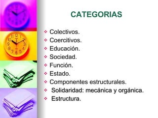 CATEGORIAS   Colectivos. Coercitivos. Educación. Sociedad. Función. Estado. Componentes estructurales. Solidaridad: mecánica y orgánica. Estructura. 