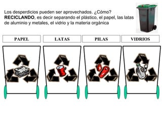 Los desperdicios pueden ser aprovechados. ¿Cómo?
RECICLANDO, es decir separando el plástico, el papel, las latas
de aluminio y metales, el vidrio y la materia orgánica
PAPEL LATAS PILAS VIDRIOS
 