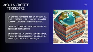LA CROÛTE TERRESTRE EST LA COUCHE LA
PLUS EXTERNE DE NOTRE PLANÈTE,
FORMANT UNE FINE ENVELOPPE SOLIDE.
ELLE SE COMPOSE PRINCIPALEMENT DE
ROCHES ET DE MINÉRAUX.
ON DISTINGUE LA CROÛTE CONTINENTALE,
ÉPAISSE ET PRINCIPALEMENT COMPOSÉE DE
GRANITE, ET LA CROÛTE OCÉANIQUE.
3- LA CROÛTE
TERRESTRE
03
 