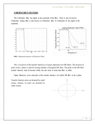 DIGITAL FILTER DESIGN
10
CHEBYCHEV FILTERS
The Chebyshev filter has ripple in the passband of the filter. There is also an Inverse
Chebyshev analog filter is also known as Chebyshev filter II. Chebyshev-II has ripple in the
stopband.
FIG3: Magnitude response of Chebychev Filters
The z-transform of the transfer function is of great importance for IIR filters. The location of
poles in the z plane is used for testing stability of designed IIR filter. The poles of the IIR filter
transfer function must be located within the unit circle in order that filter is stable.
Figure illustrates zeros and poles of the transfer function of a stable IIR filter in the z plane.
Transfer function zeros are denoted by small
circles, whereas its poles are denoted by
small crosses.
 