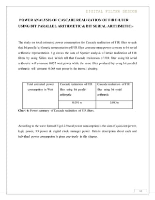 DIGITAL FILTER DESIGN
63
POWER ANALYSIS OF CASCADE REALIZATION OF FIR FILTER
USING BIT PARALLEL ARITHMETIC & BIT SERIAL ARITHMETIC:-
The study on total estimated power consumption for Cascade realization of FIR filter reveals
that, bit parallel arithmetic representation of FIR filter consume more power compare to bit serial
arithmetic representation. Fig shows the data of Xpower analysis of lattice realization of FIR
filters by using Xilinx tool. Which tell that Cascade realization of FIR filter using bit serial
arithmetic will consume 0.057 watt power while the same filter produced by using bit parallel
arithmetic will consume 0.068 watt power in the internal circuitry.
Total estimated power
consumption in Watt
Cascade realization of FIR
filter using bit parallel
arithmetic
Cascade realization of FIR
filter using bit serial
arithmetic
0.091 w 0.083w
Chart 6: Power summary of Cascade realization of FIR filters.
According to the wave form of Fig.6.2.9.total power consumption is the sum of quiescent power,
logic power, IO power & digital clock manager power. Details description about each and
individual power consumption is given previously in this chapter.
 