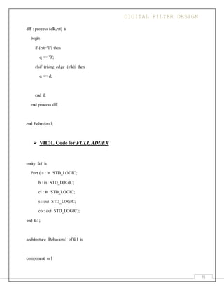 DIGITAL FILTER DESIGN
91
dff : process (clk,rst) is
begin
if (rst='1') then
q <= '0';
elsif (rising_edge (clk)) then
q <= d;
end if;
end process dff;
end Behavioral;
 VHDL Code for FULL ADDER
entity fa1 is
Port ( a : in STD_LOGIC;
b : in STD_LOGIC;
ci : in STD_LOGIC;
s : out STD_LOGIC;
co : out STD_LOGIC);
end fa1;
architecture Behavioral of fa1 is
component or1
 