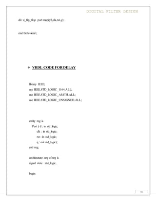 DIGITAL FILTER DESIGN
95
d4: d_flip_flop port map(y2,clk,rst,y);
end Behavioral;
 VHDL CODE FOR DELAY
library IEEE;
use IEEE.STD_LOGIC_1164.ALL;
use IEEE.STD_LOGIC_ARITH.ALL;
use IEEE.STD_LOGIC_UNSIGNED.ALL;
entity reg is
Port ( d : in std_logic;
clk : in std_logic;
rst : in std_logic;
q : out std_logic);
end reg;
architecture reg of reg is
signal state : std_logic;
begin
 