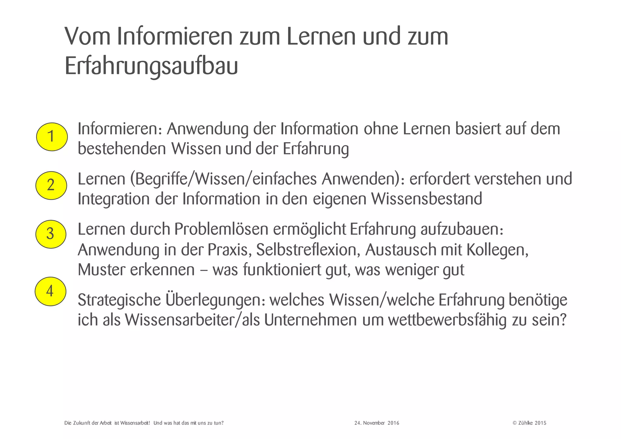 © Zühlke 2015
Informieren: Anwendung der Information ohne Lernen basiert auf dem
bestehenden Wissen und der Erfahrung
Lernen (Begriffe/Wissen/einfaches Anwenden): erfordert verstehen und
Integration der Information in den eigenen Wissensbestand
Lernen durch Problemlösen ermöglicht Erfahrung aufzubauen:
Anwendung in der Praxis, Selbstreflexion, Austausch mit Kollegen,
Muster erkennen – was funktioniert gut, was weniger gut
Strategische Überlegungen: welches Wissen/welche Erfahrung benötige
ich als Wissensarbeiter/als Unternehmen um wettbewerbsfähig zu sein?
Vom Informieren zum Lernen und zum
Erfahrungsaufbau
Die Zukunft der Arbeit ist Wissensarbeit! Und was hat das mit uns zu tun?
1
2
3
4
24. November 2016
 