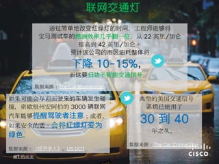 如果可能会与迎面驶来的车辆发生碰
撞，密歇根州安阿伯的 3000 辆联网
汽车能够提醒驾驶者注意；或者，
如果安全的话，会将红绿灯变为
绿色。
数据来源：《经济学人》、US DOT
通过简单地改变红绿灯的时间，工程师能够将
宝马测试车的燃油效率几乎翻一倍，从 22 英里/加仑
提高到 42 英里/加仑。
预计该公司的市区油耗整体将
下降 10-15%，
而这要归功于智能交通信号。
数据来源：The Car Connection
联网交通灯
典型的美国交通信号
系统已使用了
30 到 40
年之久。
数据来源：The Car Connection
的未来
 