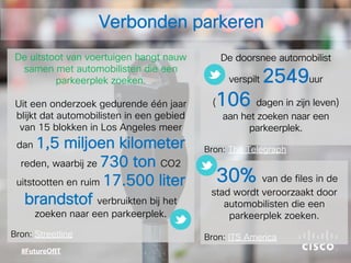 De uitstoot van voertuigen hangt nauw
samen met automobilisten die een
parkeerplek zoeken.
Uit een onderzoek gedurende één jaar
blijkt dat automobilisten in een gebied
van 15 blokken in Los Angeles meer
dan 1,5 miljoen kilometer
reden, waarbij ze 730 ton CO2
uitstootten en ruim 17.500 liter
brandstof verbruikten bij het
zoeken naar een parkeerplek.
Bron: Streetline
De doorsnee automobilist
verspilt 2549uur
(106 dagen in zijn leven)
aan het zoeken naar een
parkeerplek.
Bron: The Telegraph
Verbonden parkeren
30% van de files in de
stad wordt veroorzaakt door
automobilisten die een
parkeerplek zoeken.
Bron: ITS America
 