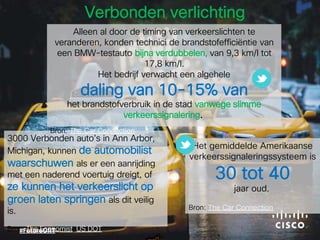 3000 Verbonden auto's in Ann Arbor,
Michigan, kunnen de automobilist
waarschuwen als er een aanrijding
met een naderend voertuig dreigt, of
ze kunnen het verkeerslicht op
groen laten springen als dit veilig
is.
Bron: The Economist, US DOT
Alleen al door de timing van verkeerslichten te
veranderen, konden technici de brandstofefficiëntie van
een BMW-testauto bijna verdubbelen, van 9,3 km/l tot
17,8 km/l.
Het bedrijf verwacht een algehele
daling van 10-15% van
het brandstofverbruik in de stad vanwege slimme
verkeerssignalering.
Bron: The Car Connection
Verbonden verlichting
Het gemiddelde Amerikaanse
verkeerssignaleringssysteem is
30 tot 40
jaar oud.
Bron: The Car Connection
 