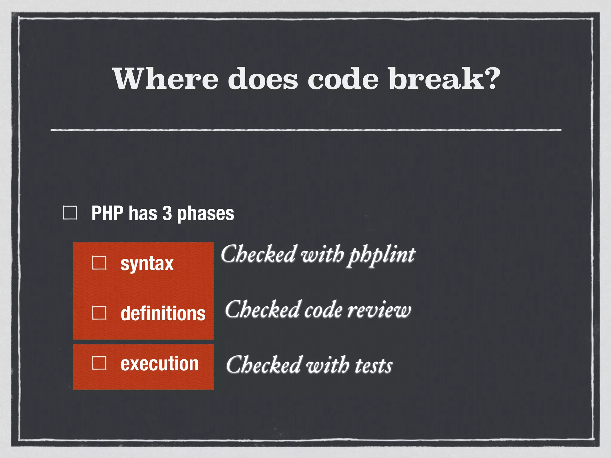 Where does code break?
Checked with phplint
Checked with tests
Checked code review
PHP has 3 phases
syntax
deﬁnitions
execution
 