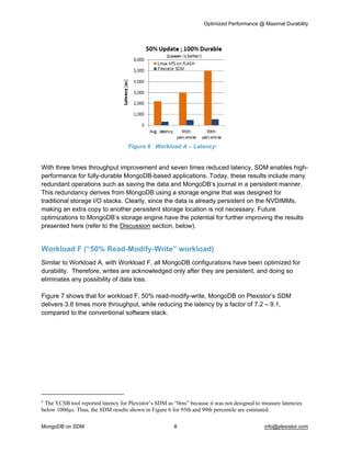 Optimized Performance @ Maximal Durability 
MongoDB on SDM 8 info@plexistor.com 
  
Figure 6   Workload A – Latency6
    
With three times throughput improvement and seven times reduced latency, SDM enables high­
performance for fully­durable MongoDB­based applications. Today, these results include many 
redundant operations such as saving the data and MongoDB’s journal in a persistent manner. 
This redundancy derives from MongoDB using a storage engine that was designed for 
traditional storage I/O stacks. Clearly, since the data is already persistent on the NVDIMMs, 
making an extra copy to another persistent storage location is not necessary. Future 
optimizations to MongoDB’s storage engine have the potential for further improving the results 
presented here (refer to the Discussion section, below). 
Workload F (“50% Read­Modify­Write” workload)
Similar to Workload A, with Workload F, all MongoDB configurations have been optimized for 
durability.  Therefore, writes are acknowledged only after they are persistent, and doing so 
eliminates any possibility of data loss. 
Figure 7 shows that for workload F, 50% read­modify­write, MongoDB on Plexistor’s SDM 
delivers 3.8 times more throughput, while reducing the latency by a factor of 7.2 – 9.1, 
compared to the conventional software stack. 
6
 The YCSB tool reported latency for Plexistor’s SDM as “0ms” because it was not designed to measure latencies 
below 1000µs. Thus, the SDM results shown in Figure 6 for 95th and 99th percentile are estimated.
 