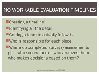 NO WORKABLE EVALUATION TIMELINES

Creating a timeline.
Identifying all the detail.
Getting a team to actually follow it.
Who is responsible for each piece.
Where do completed surveys/assessments
 go – who scores them – who analyzes them –
 who makes decisions based on them?

               Center for Applied Research at CPCC 2013
 