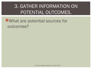 3. GATHER INFORMATION ON
       POTENTIAL OUTCOMES.
What are potential sources for
 outcomes?




              Center for Applied Research at CPCC 2013
 