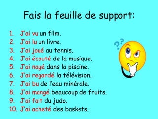 Fais la feuille de support: J’ai vu  un film. J’ai lu  un livre. J’ai jou é  au tennis. J’ai  écouté  de la musique. J’ai nag é  dans la piscine. J’ai regard é  la télévision. J’ai bu  de l’eau min érale. J’ai mang é  beaucoup de fruits. J’ai fait  du judo. J’ai achet é  des baskets. 