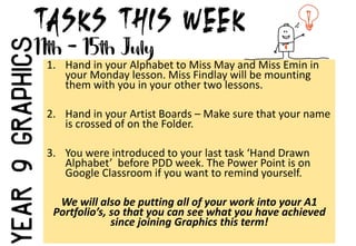 1. Hand in your Alphabet to Miss May and Miss Emin in
your Monday lesson. Miss Findlay will be mounting
them with you in your other two lessons.
2. Hand in your Artist Boards – Make sure that your name
is crossed of on the Folder.
3. You were introduced to your last task ‘Hand Drawn
Alphabet’ before PDD week. The Power Point is on
Google Classroom if you want to remind yourself.
We will also be putting all of your work into your A1
Portfolio’s, so that you can see what you have achieved
since joining Graphics this term!
 