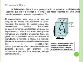 RELATIVIDADE GERAL
       A Relatividade Geral é uma generalização da primeira ( a Relatividade
Especial que diz “ o espaço e o tempo são faces distintas de uma única
estrutura que denominamos espaço-tempo”).

O espaço-tempo nada mais é do que um
conjunto de pontos que obedecem a certas
relações. Os pontos do espaço-tempo são
denominados          eventos.     Precisamos
de quatro números para localizar um ponto no
espaço-tempo. Não é por acaso que quando
marcamos um encontro precisamos fixar, em
geral, um conjunto com quatro informações: o
logradouro, o número, o andar, e o horário.
Matematicamente isso é codificado dizendo-se
que               o             espaço-tempo
possui quatro dimensões. A evolução de uma
partícula   pontual,    por   exemplo,   será
representada por uma linha no espaço-tempo
(como na figura).
 