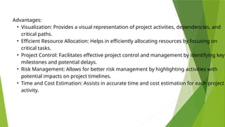 Advantages:
• Visualization: Provides a visual representation of project activities, dependencies, and
critical paths.
• Efficient Resource Allocation: Helps in efficiently allocating resources by focusing on
critical tasks.
• Project Control: Facilitates effective project control and management by identifying key
milestones and potential delays.
• Risk Management: Allows for better risk management by highlighting activities with
potential impacts on project timelines.
• Time and Cost Estimation: Assists in accurate time and cost estimation for each project
activity.
 