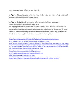 sont ces serpents qui sifflent sur vos têtes») ;


5. figures d’élocution , qui concernent le choix des mots convenant à l’expression de la
pensée : répétition ; synonymie, asyndète,,


6. figures de diction où l’on modifie la forme des mots (encor [apocope];
avecque[aphérèse] ;M’sieur [syncope], etc.)
Les typologies de classifications sont toutefois, comme on l’a dit, très nombreuses. La
consultations de dictionnaires de linguistique et de rhétoriques, ou simplement de sites
web où il est question de figures pourra aisément montrer la variété des point de vues,
fondés en tout cas le plus souvent sur les acquis des l’Antiquité.


http://www.lingue.unibo.it/Dottorati/Traduzione/Ricerca/terminologia.htm
http://www.italica.rai.it/principali/dante/schede/retorica.htm
http://www.exam.fr/se/fiche/Francais/1ere%20L/Les%20outils%20d'analyse/Les%20figu
res%20de%20style/Les%20figures%20de%20style%20syntaxiques/Les%20figures%20d
e%20construction%20et%20du%20signifiant.html
http://www.letteratour.it/stile/B02figret01.htm
http://www.lucianolombardi.it/Figureretoriche.htm
http://jaseur.free.fr/jaseur/figure.htm
http://www.hku.hk/french/dcmScreen/lang3033/lang3033_tropes_a_e.htm
 