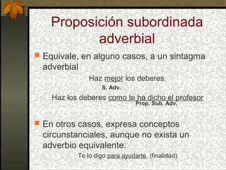 Proposición subordinada
adverbial
 Equivale, en alguno casos, a un sintagma
adverbial
Haz mejor los deberes.
S. Adv.
Haz los deberes como te ha dicho el profesor
Prop. Sub. Adv.
 En otros casos, expresa conceptos
circunstanciales, aunque no exista un
adverbio equivalente:
Te lo digo para ayudarte. (finalidad)
 