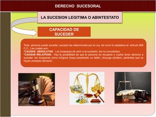 LA SUCESION LEGITIMA O ABINTESTATO
CAPACIDAD DE
SUCEDER
Toda persona puede suceder, excepto las determinada por la Ley, tal como lo establece el articulo 808
C.C., Las cuales son:
*CAUSAS ABSOLUTAS: Los incapaces de venir a la sucesión, los no concebidos.
*CAUSAS RELATIVAS: Hay la posibilidad de que la persona se recupere o vuelva tener derecho a
suceder, los incapaces como indignos (haya perpetrado un delito, cónyuge adultero, parientes que no
hayan prestado alimento .
 