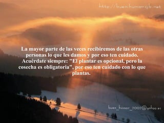 La mayor parte de las veces recibiremos de las otras personas lo que les damos y por eso ten cuidado. Acuérdate siempre: "El plantar es opcional, pero la cosecha es obligatoria", por eso ten cuidado con lo que plantas.  