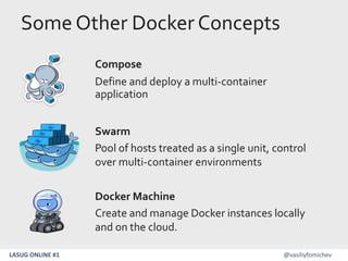 LASUG ONLINE #1 @vasiliyfomichev
Some Other Docker Concepts
Compose
Define and deploy a multi-container
application
Swarm
Pool of hosts treated as a single unit, control
over multi-container environments
Docker Machine
Create and manage Docker instances locally
and on the cloud.
 